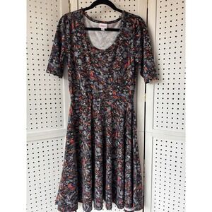 LuLaRoe Nicole Dress Medium Black Orange Purple Feather Print Swing Midi CUTE!